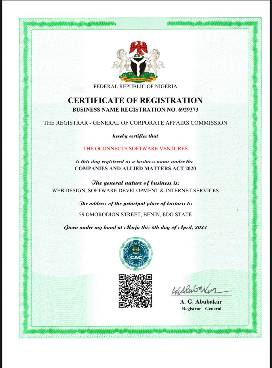 Oconnects Software Ventures - CAC Certificate of Registration